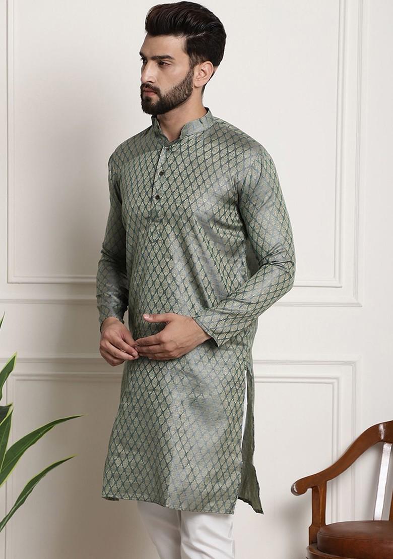 Teal Blue Ethnic Motifs Silk Kurta For Men