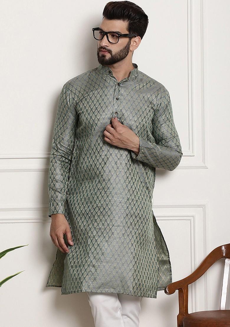 Teal Blue Ethnic Motifs Silk Kurta For Men