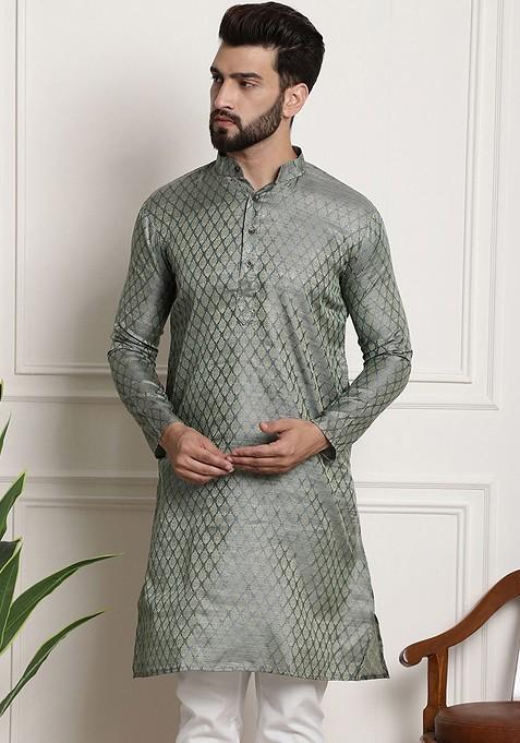 Teal Blue Ethnic Motifs Silk Kurta For Men