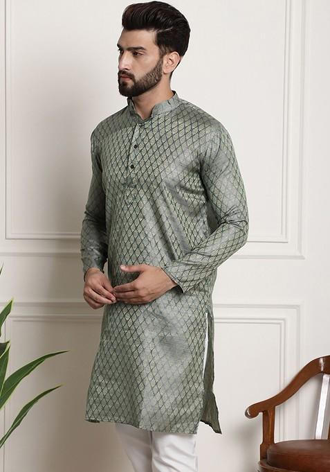 Teal Blue Ethnic Motifs Silk Kurta For Men