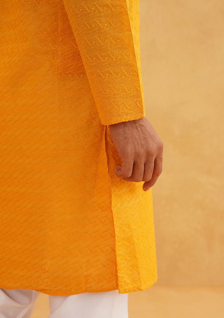 Mustard Thread Work Cotton Kurta For Men