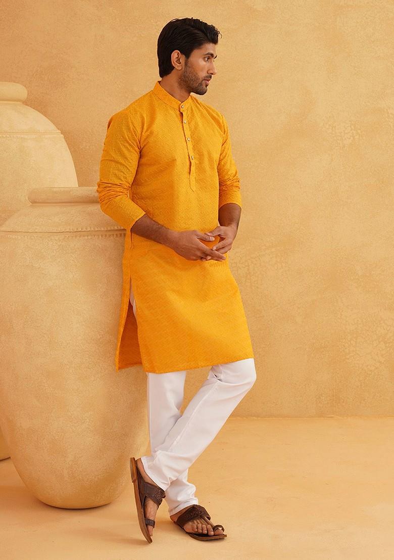 Mustard Thread Work Cotton Kurta For Men