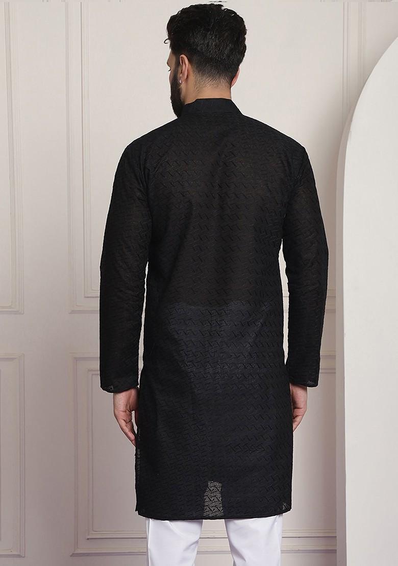 Black Embellished Poly Blend Kurta For Men
