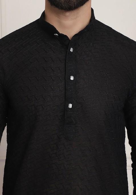 Black Embellished Poly Blend Kurta For Men