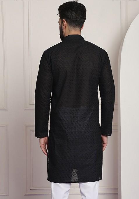 Black Embellished Poly Blend Kurta For Men