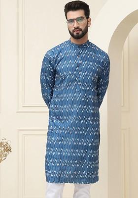 Navy Blue Ethnic Motifs Poly Blend Kurta For Men