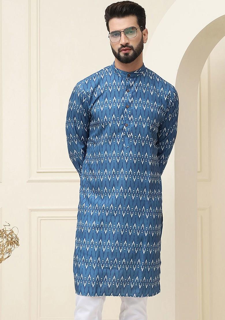 Navy Blue Ethnic Motifs Poly Blend Kurta For Men