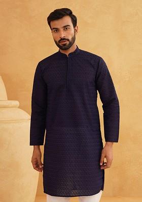 Navy Blue Embroidered Cotton Kurta For Men