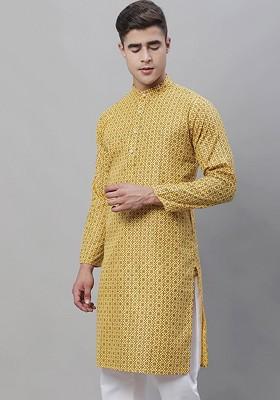 Mustard Printed Cotton Kurta For Men