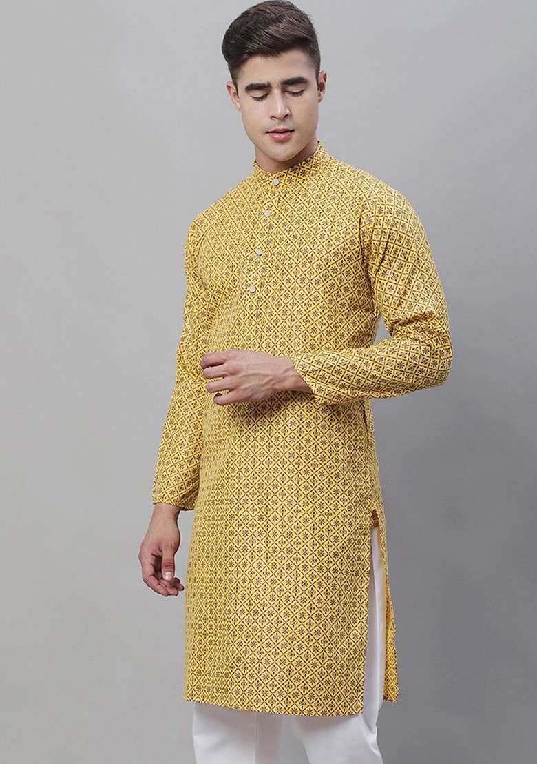 Mustard Printed Cotton Kurta For Men - Indya