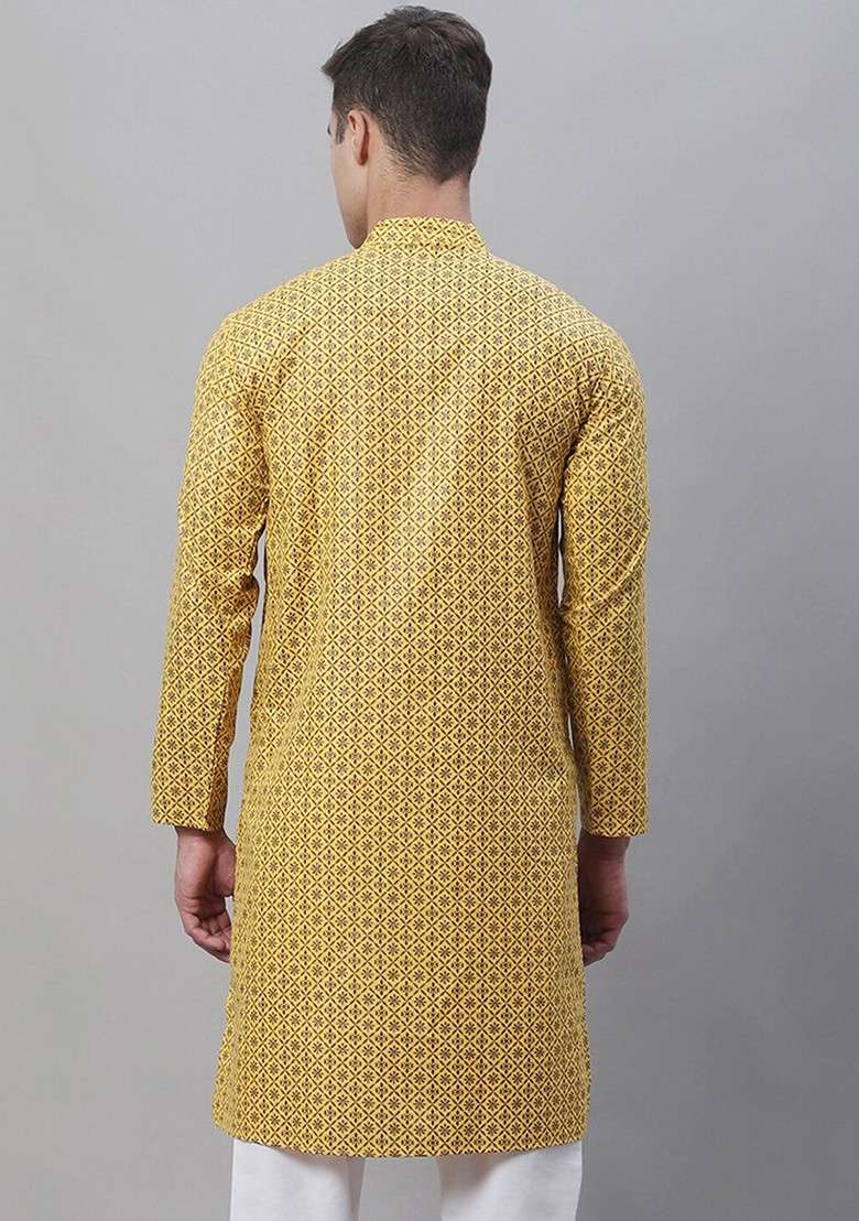 Mustard Printed Cotton Kurta For Men - Indya