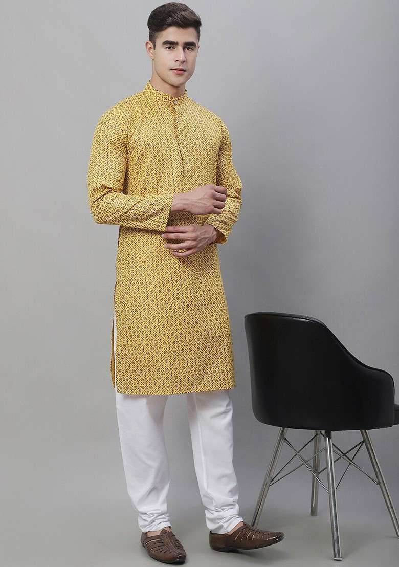 Mustard Printed Cotton Kurta For Men - Indya