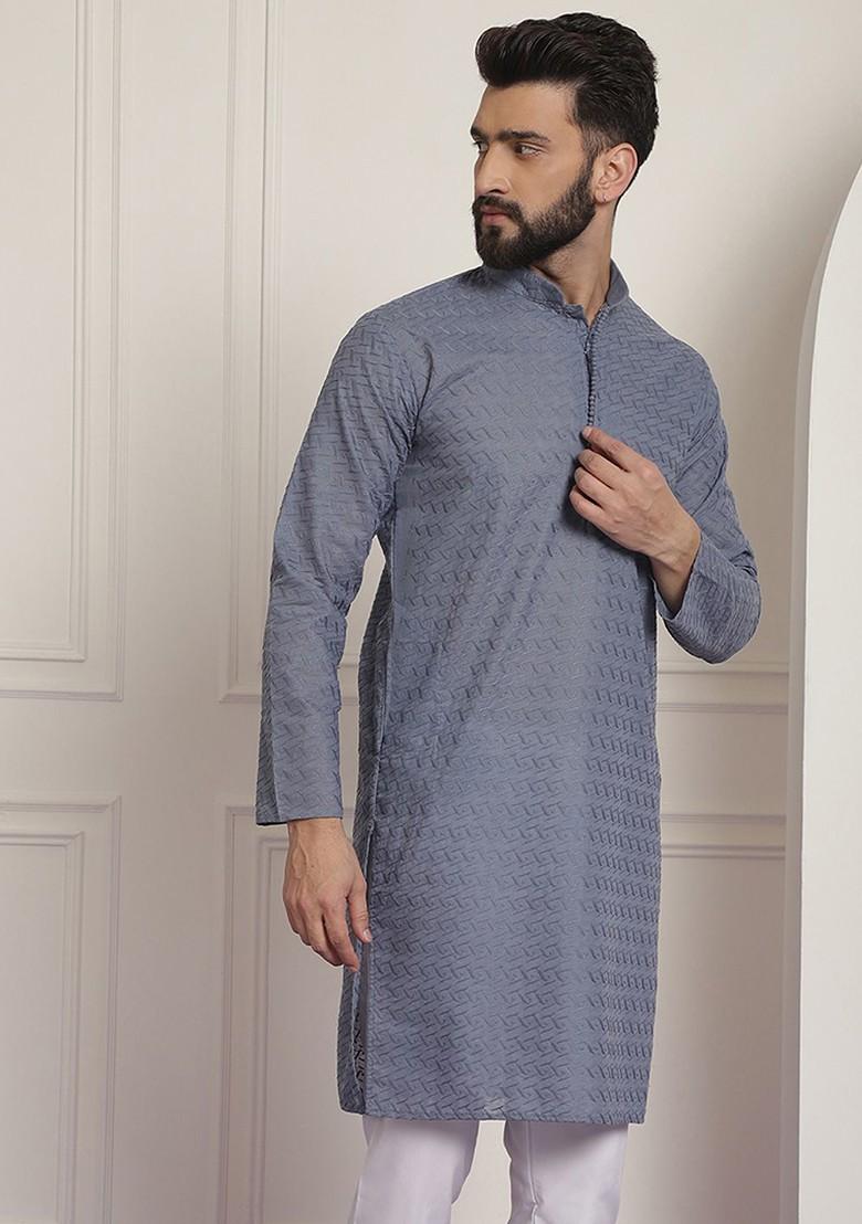 Grey Embroidered Cotton Kurta For Men