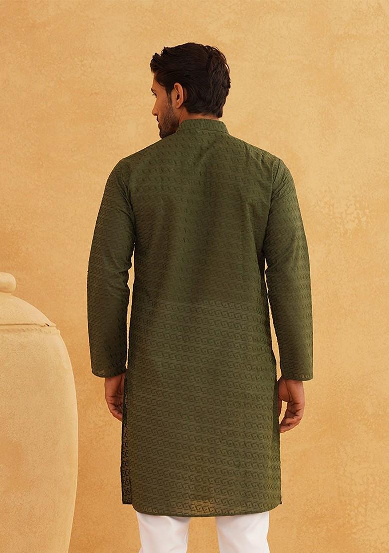 Olive Embroidered Cotton Kurta For Men