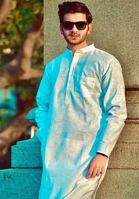 Blue Solid Poly Blend Kurta For Men