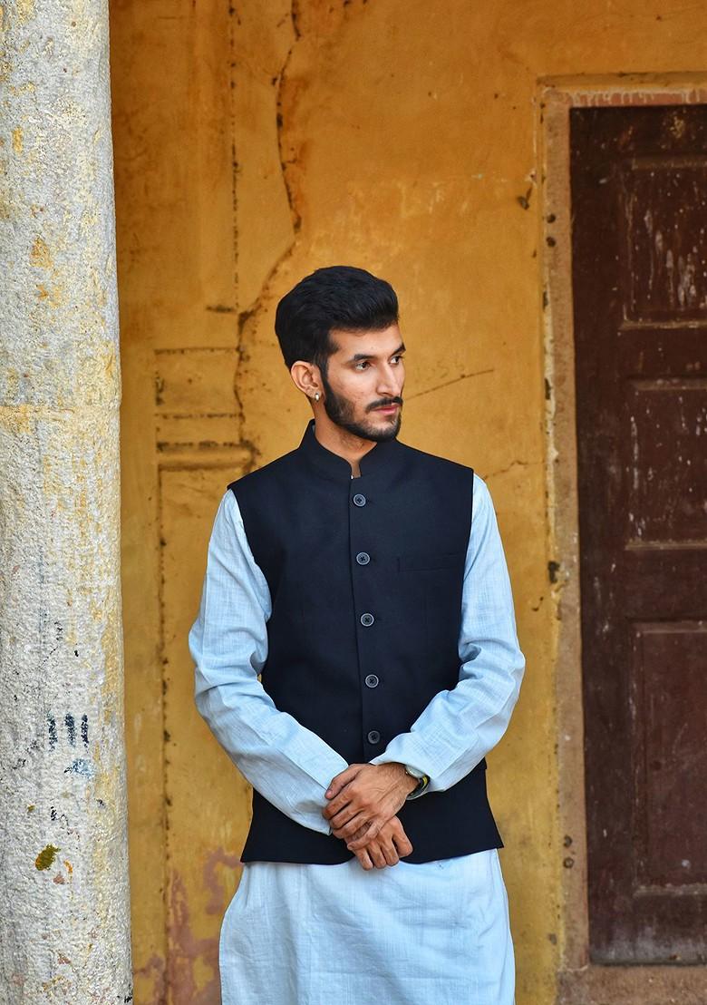 Blue Solid Poly Blend Kurta For Men