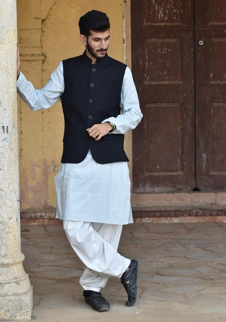 Blue Solid Poly Blend Kurta For Men