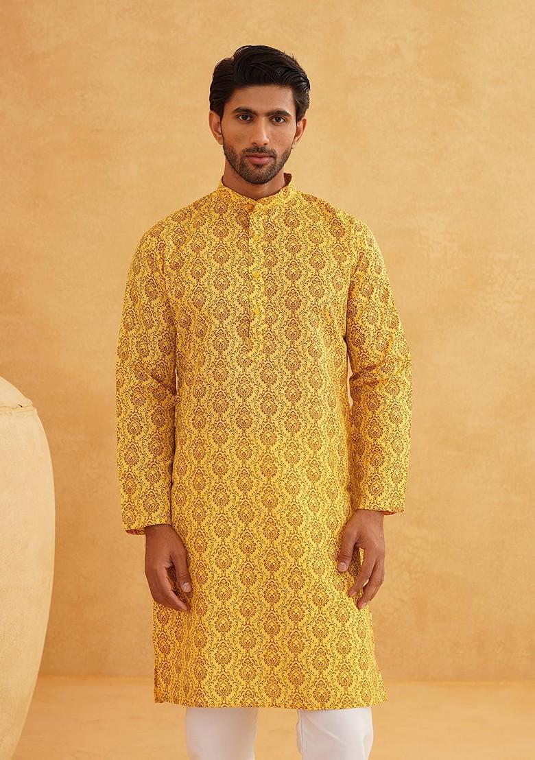 Mustard Ethnic Motifs Poly Blend Kurta For Men
