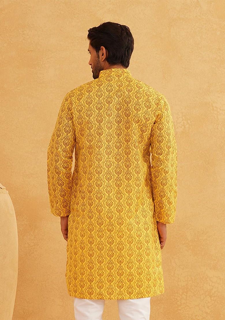 Mustard Ethnic Motifs Poly Blend Kurta For Men