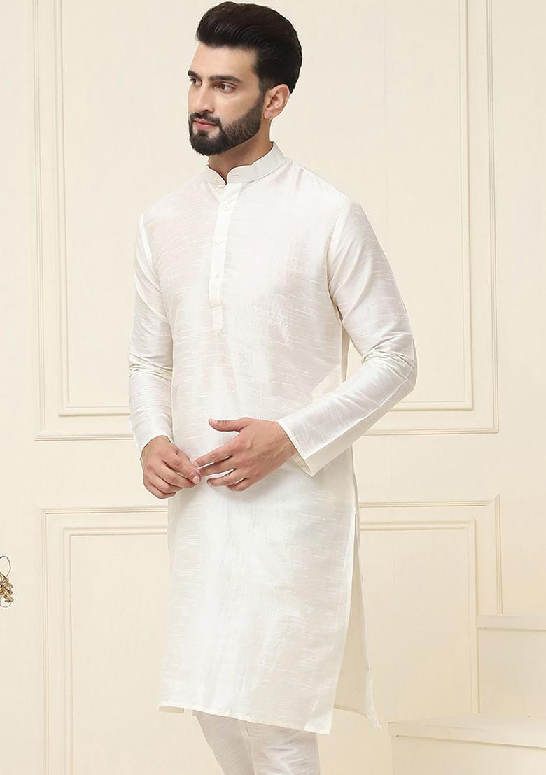 Off White Solid Poly Blend Kurta For Men