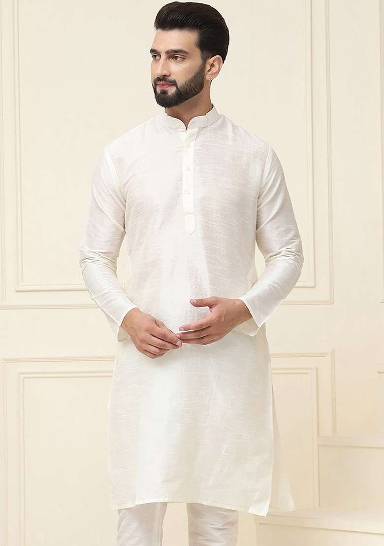 Off White Solid Poly Blend Kurta For Men - Indya