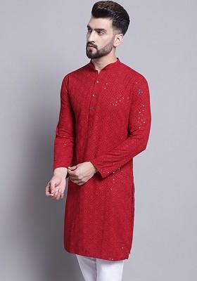 Maroon Embroidered Cotton Kurta For Men