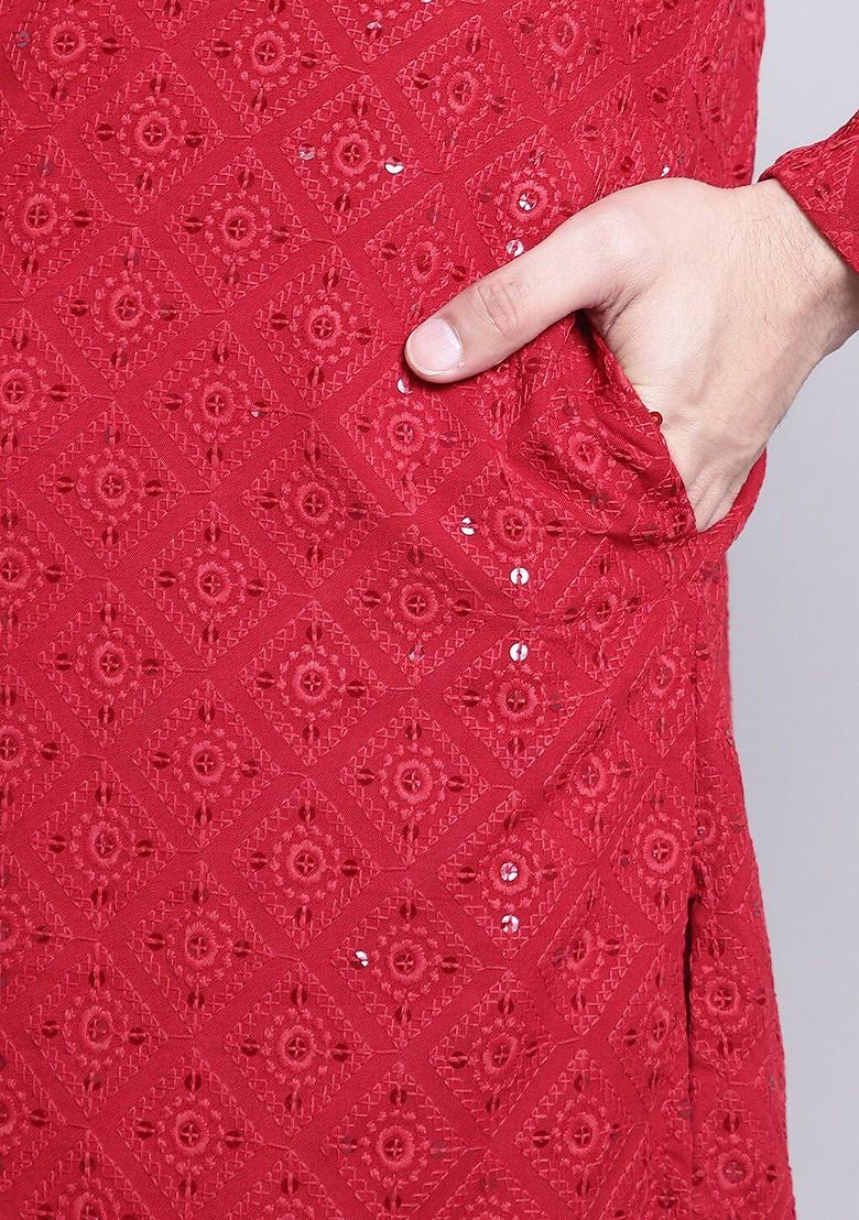 Maroon Embroidered Cotton Kurta For Men