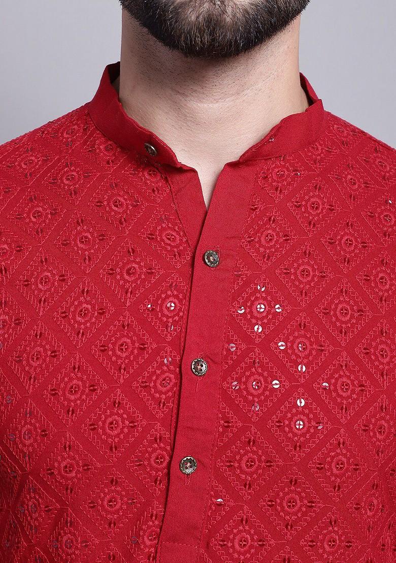 Maroon Embroidered Cotton Kurta For Men