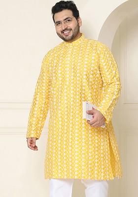 Mustard Embroidered Poly Blend Kurta For Men