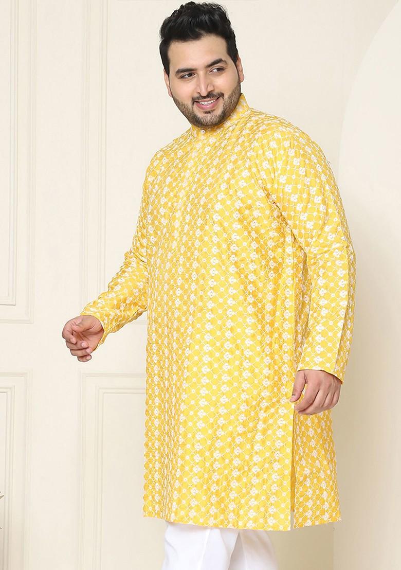 Mustard Embroidered Poly Blend Kurta For Men