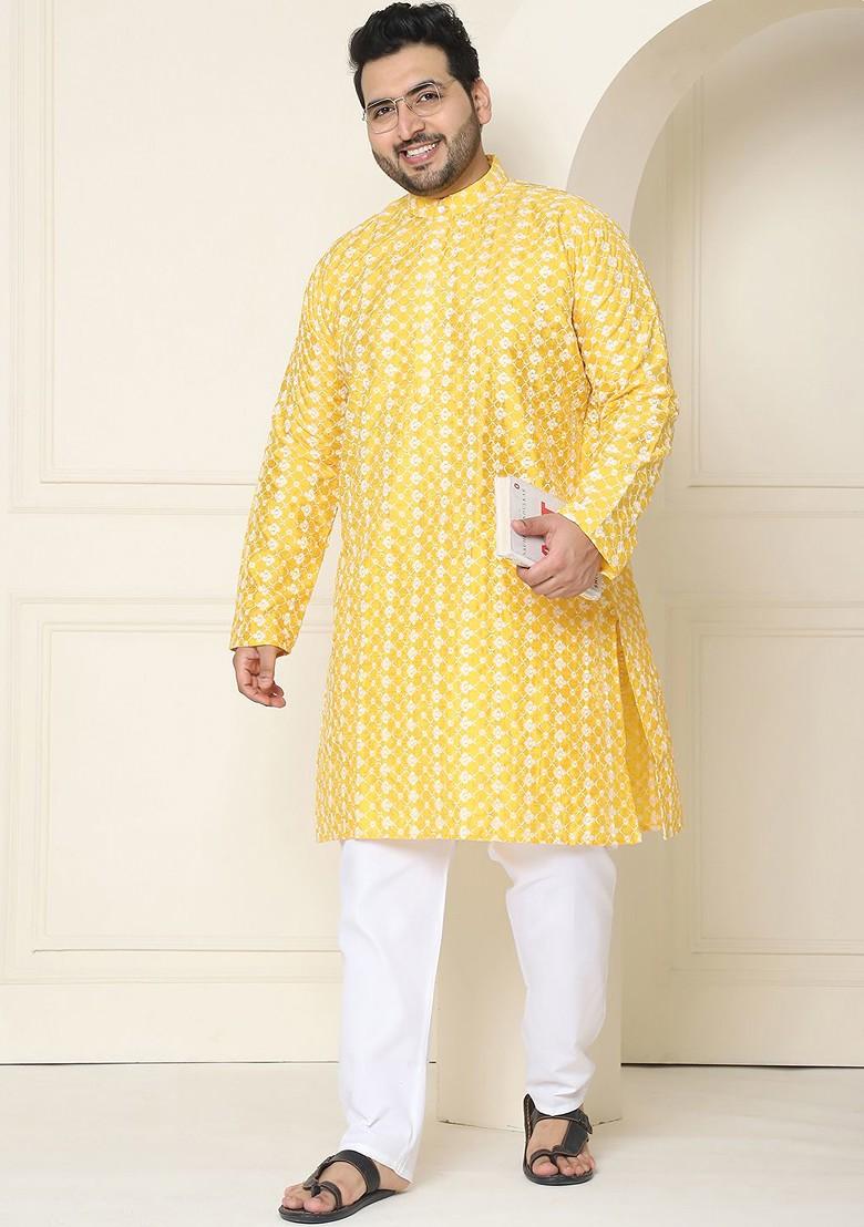 Mustard Embroidered Poly Blend Kurta For Men
