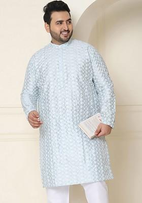Grey Embroidered Poly Blend Kurta For Men