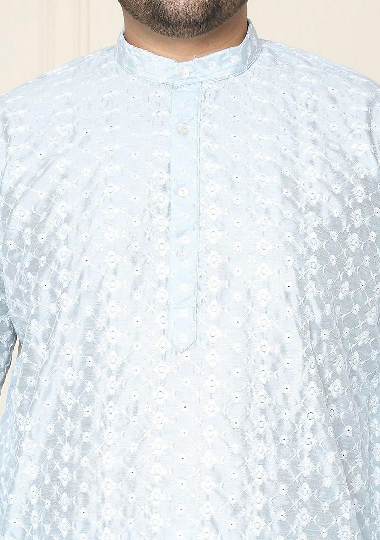 Grey Embroidered Poly Blend Kurta For Men