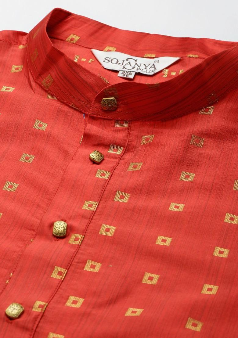 Maroon Ethnic Motifs Jacquard Kurta For Men