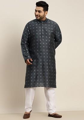 Charcoal Grey Woven Silk Kurta For Men