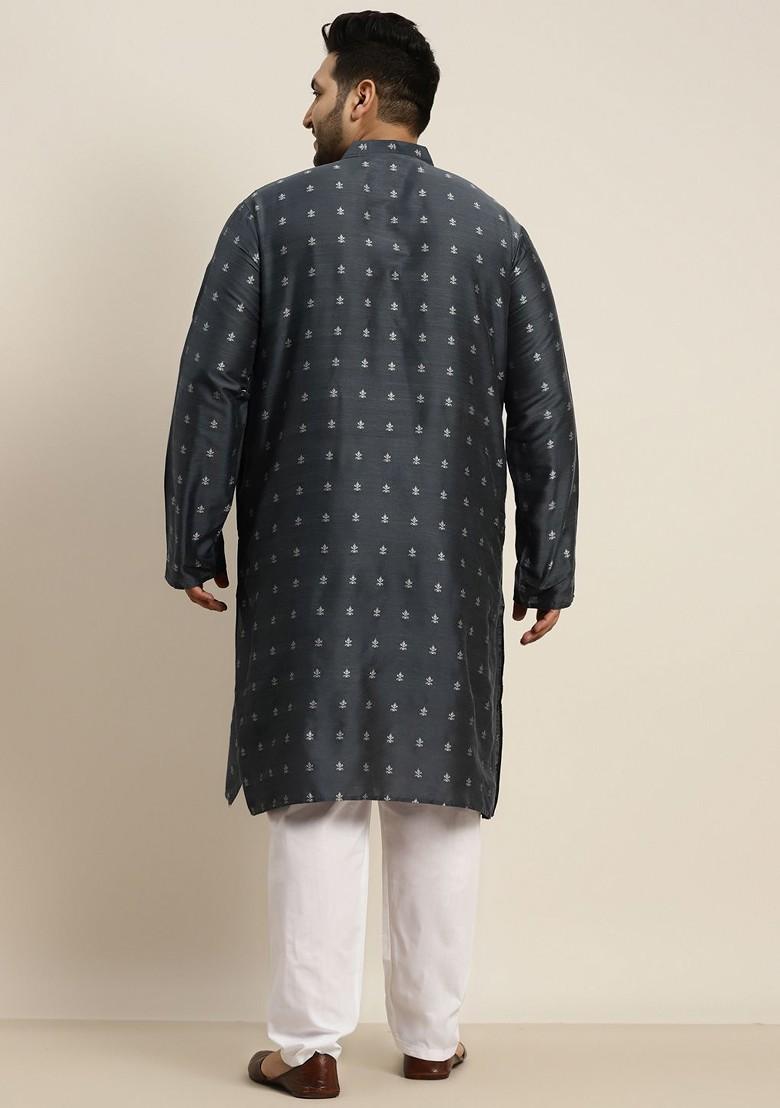 Charcoal Grey Woven Silk Kurta For Men