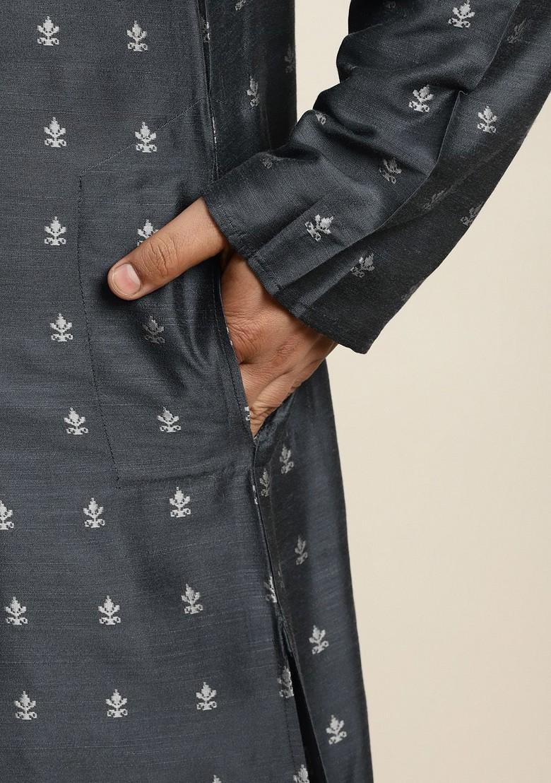 Charcoal Grey Woven Silk Kurta For Men