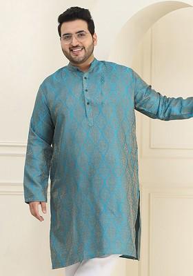 Teal Blue Ethnic Motifs Jacquard Kurta For Men