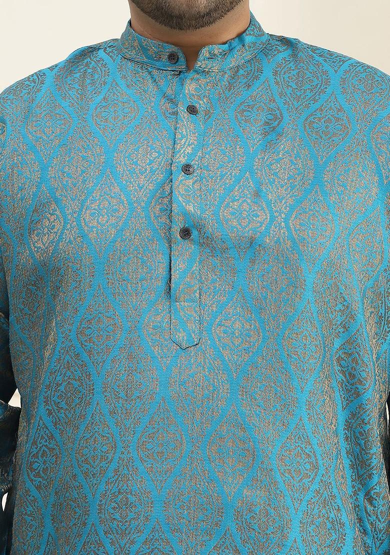 Teal Blue Ethnic Motifs Jacquard Kurta For Men