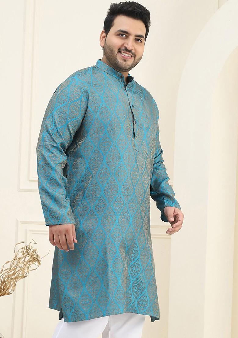 Teal Blue Ethnic Motifs Jacquard Kurta For Men