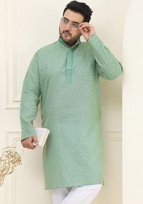 Green Checked Cotton Kurta For Men
