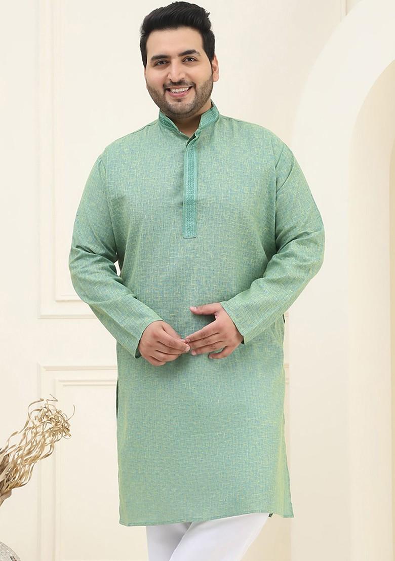 Green Checked Cotton Kurta For Men