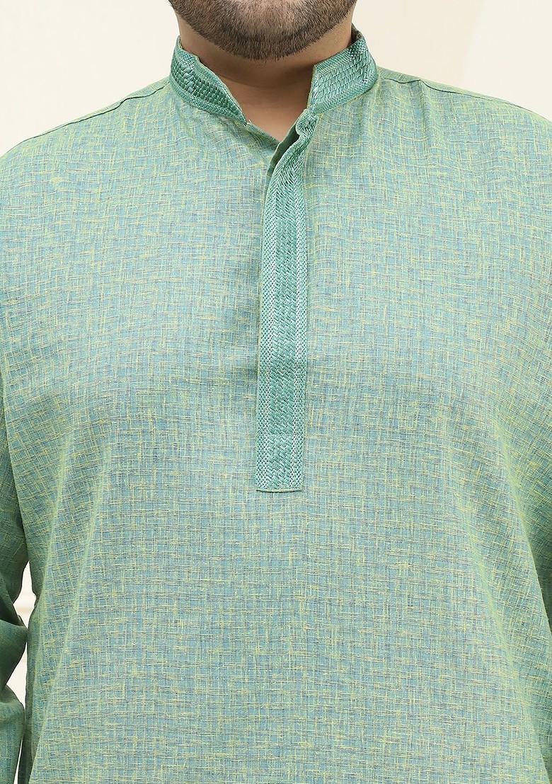 Green Checked Cotton Kurta For Men