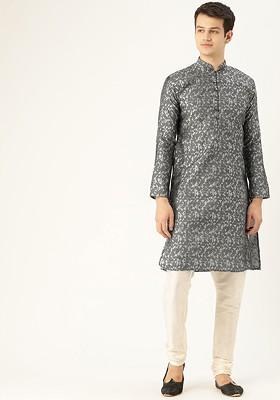 Grey Woven Poly Blend Kurta For Men