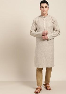 Beige Striped Poly Blend Kurta For Men