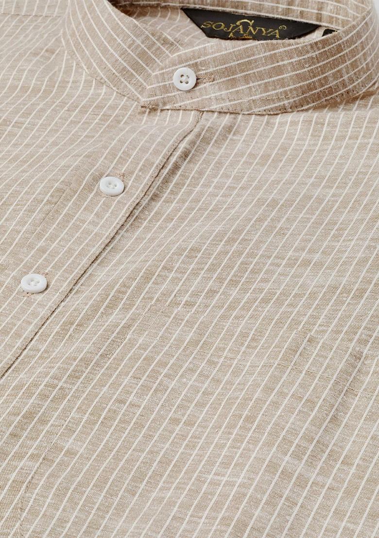 Beige Striped Poly Blend Kurta For Men