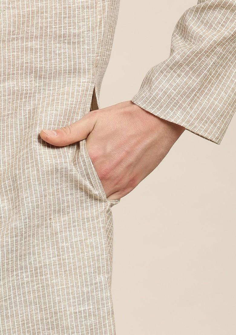 Beige Striped Poly Blend Kurta For Men
