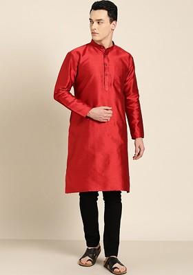 Red Woven Poly Blend Kurta For Men