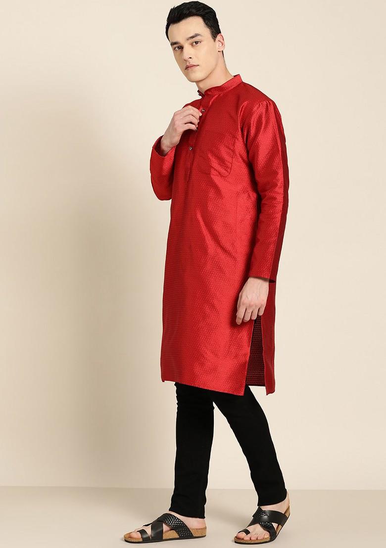 Red Woven Poly Blend Kurta For Men