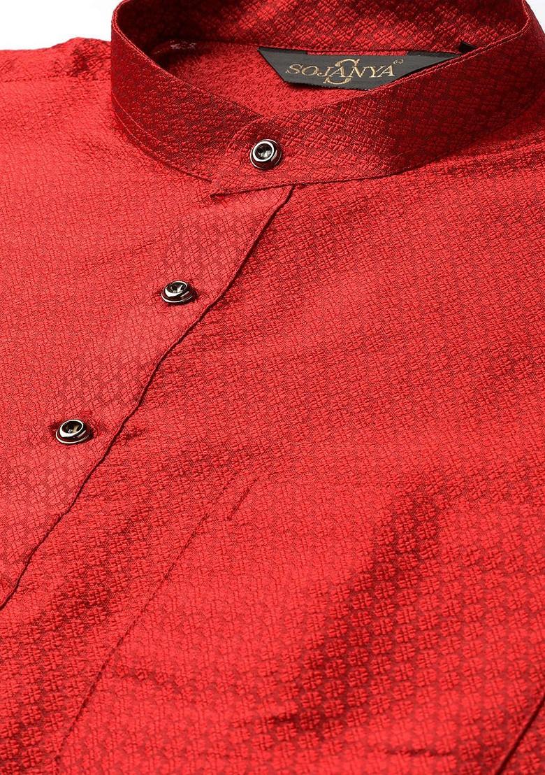 Red Woven Poly Blend Kurta For Men